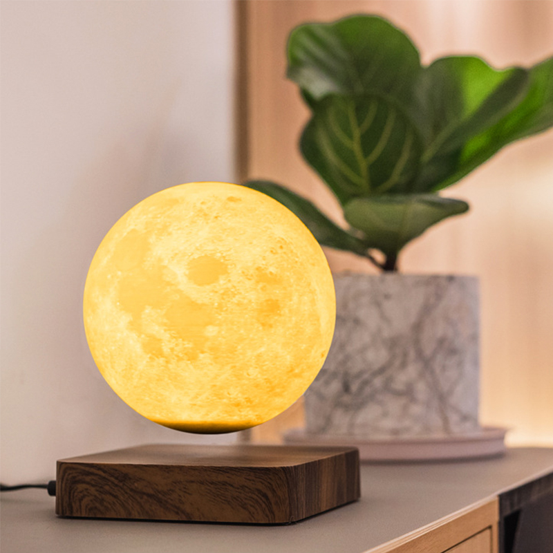 LED三色月球灯创意仿木床头台灯氛围触摸开关磁悬浮月球灯